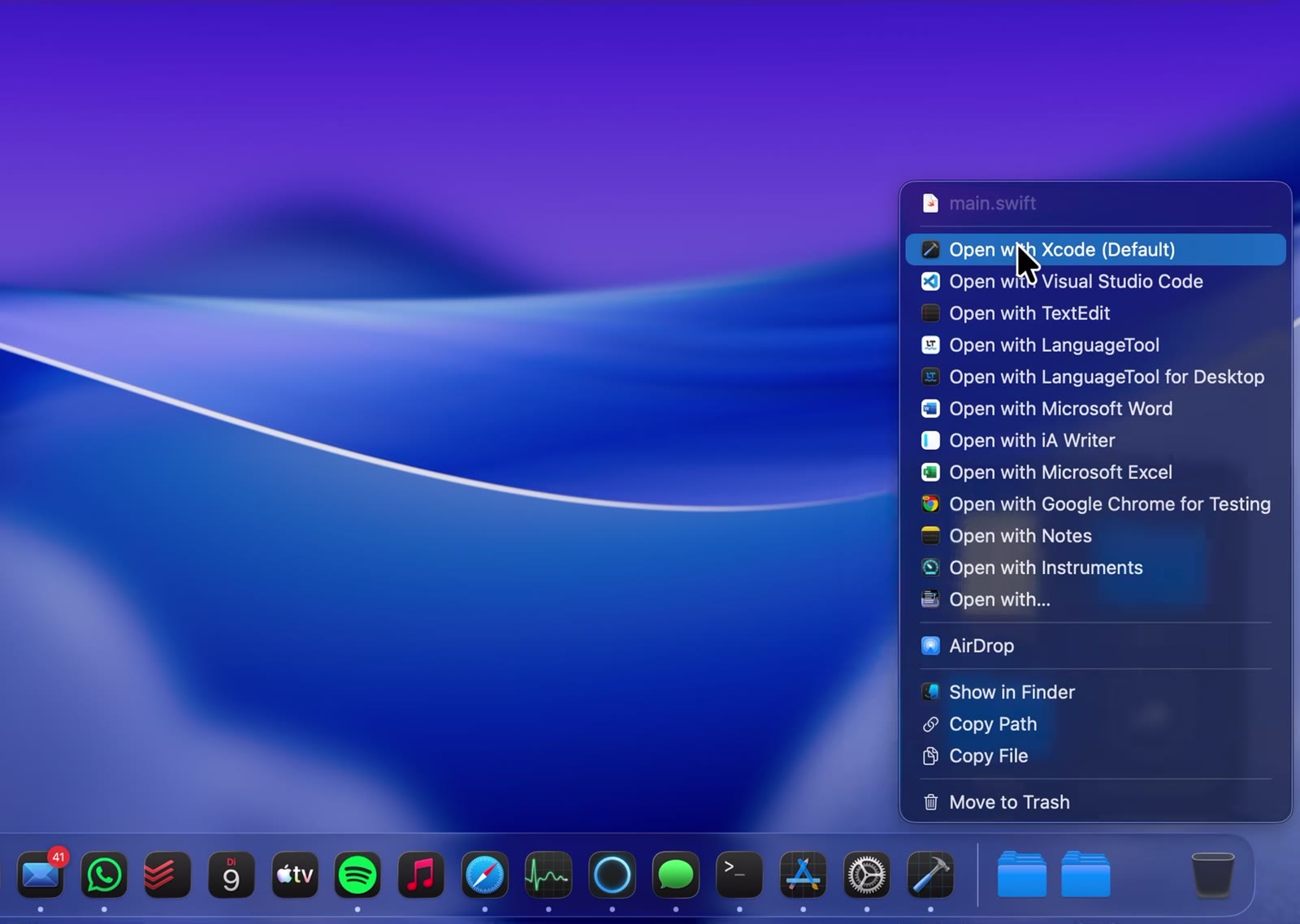 DockIntercept context menu open over a Dock item, showing Open with, AirDrop, Copy Path and Move to Trash
